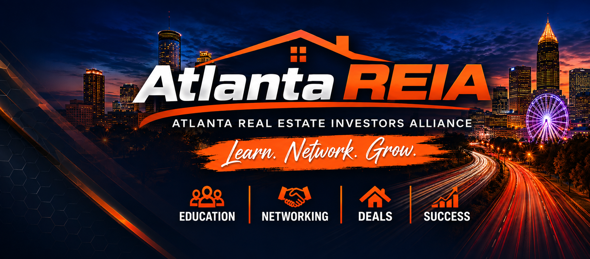 Atlanta REIA skyline artwork featuring education, networking, deals, and success